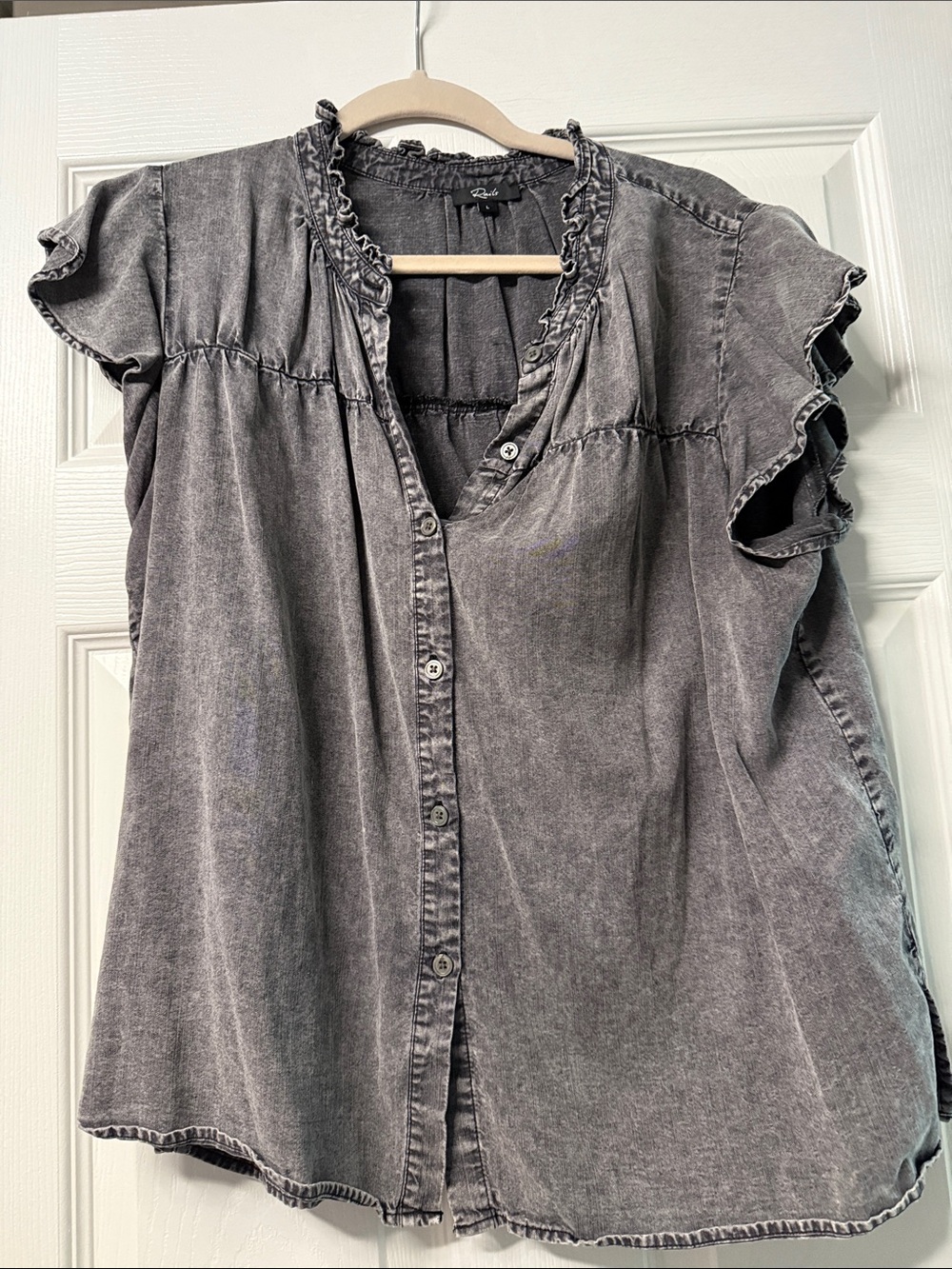 Rails Washed Gray Ruffle-Trim Button Down Top